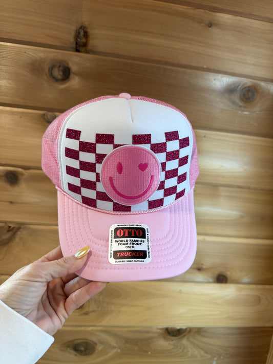 Checkered Smiley Trucker Hat